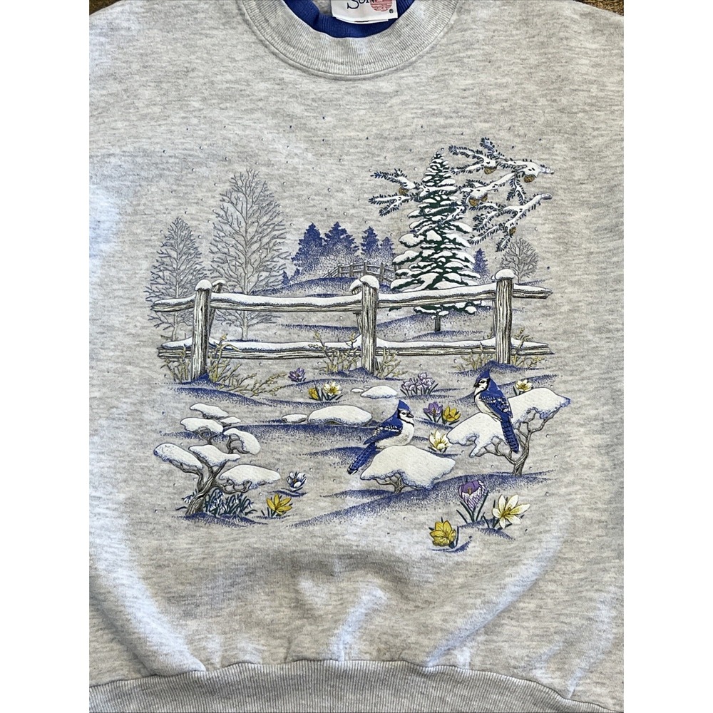 VTG 90s Blue Jay Winter Country Scene Womens M Sweatshirt Morning Sun (Flaw) - Picture 2 of 11